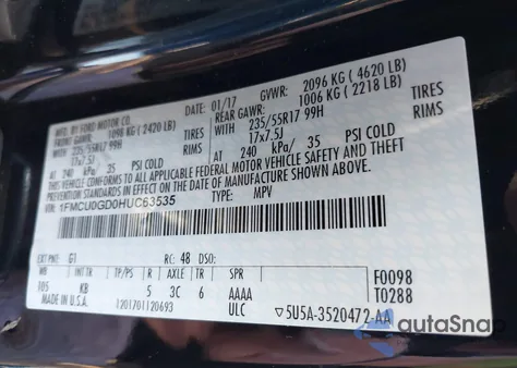 2017 Ford Escape Se from USA, damaged, VIN 1FMCU0GD0HUC63535